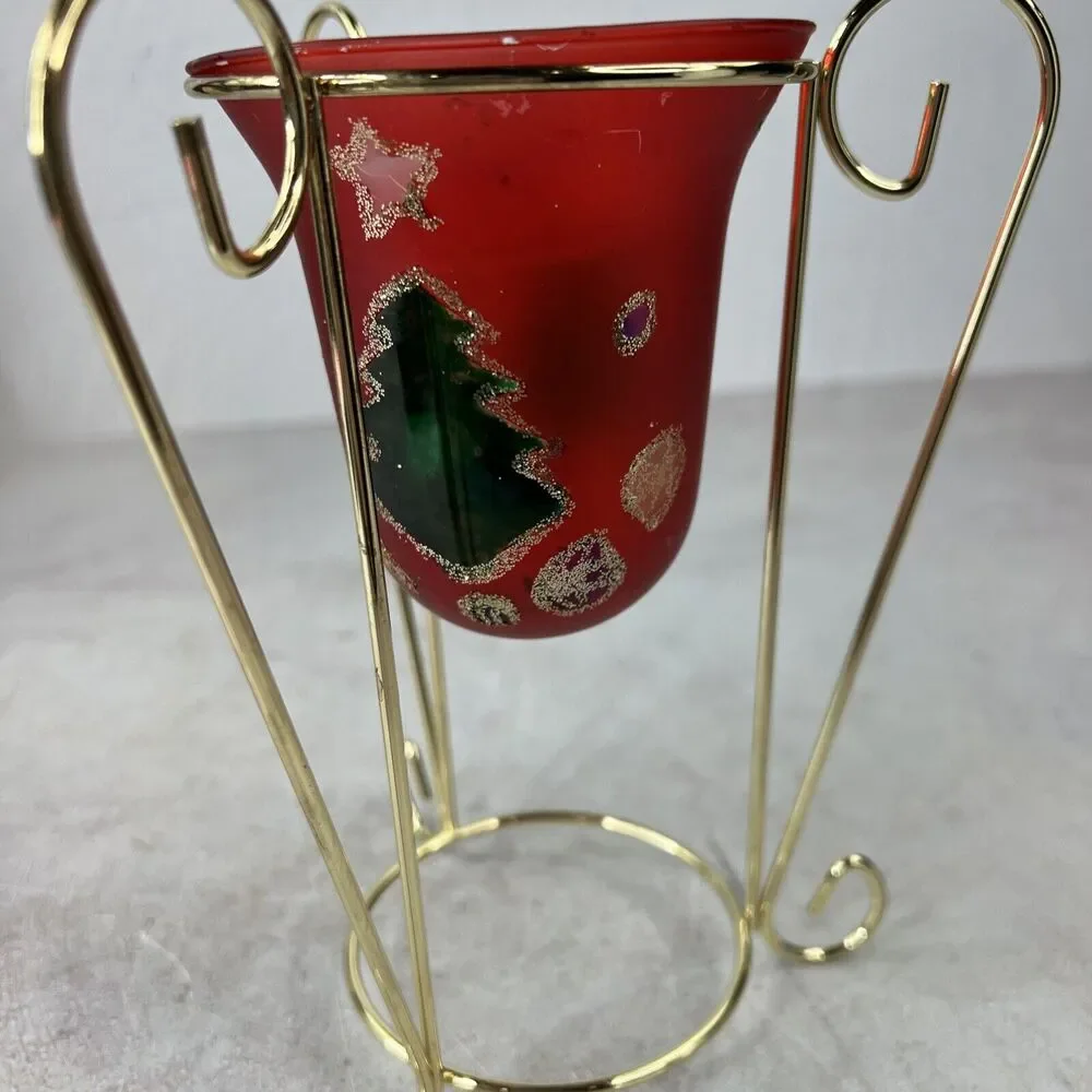 Vintage Hand painted Red Glass Candle Holder With‎ Metal Stand Chipped Paint